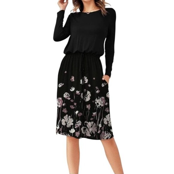 Black Floral Womens Midi Dress With Drawstring Waist Size Med Career Dinner - Picture 1 of 11
